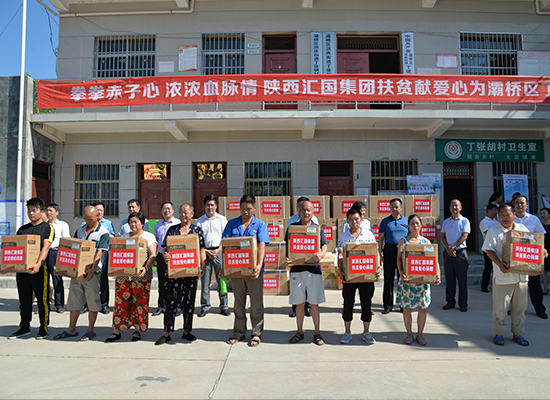 2017年7月25日，在灞桥区政府、区民政局、区扶贫办带领下，陕西汇国集团霸陵新区扶贫献爱心小组走进丁张胡村，为困难群众送去电视机、电风扇等慰问品并现场捐赠到户。